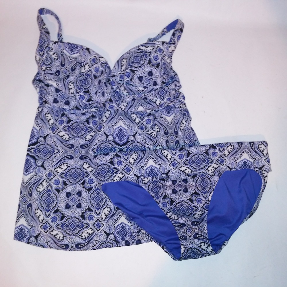 Soma Swim Tankini 36C Tank Medium Bottom Blue White Paisley Lightly Lined